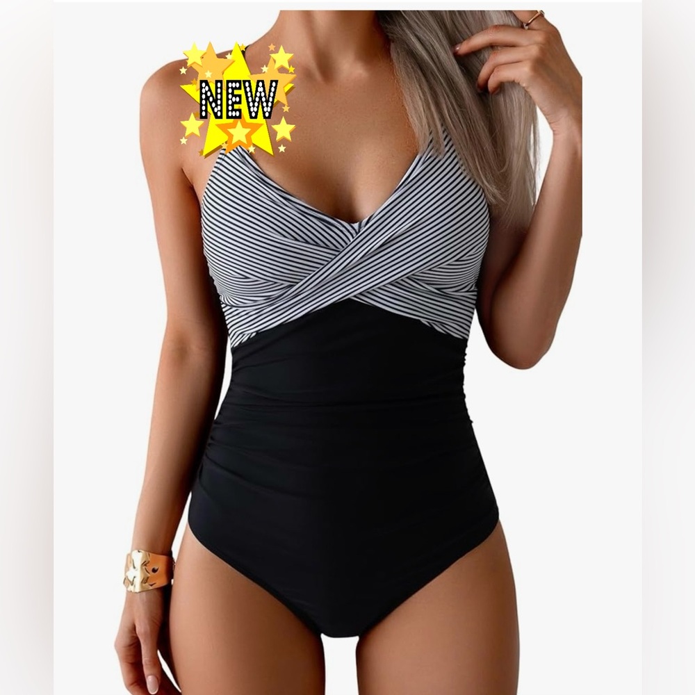 NWOT.  Striped Black One-Piece Swimsuit. Never worn.